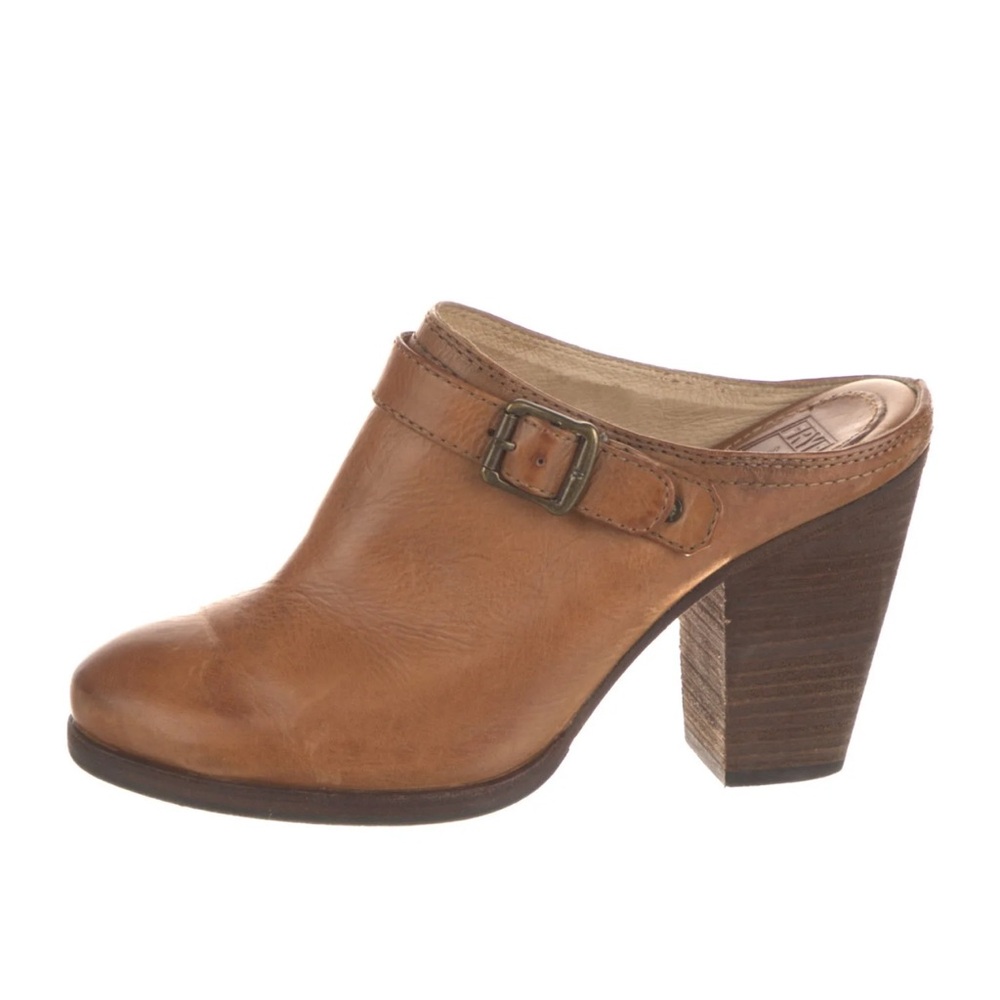 Frye Tan Leather Mules with Stacked Heel